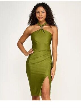 Seni & Cade Olive Green Halter Midi Dress XS Cowl Neck Backless Cocktail Party